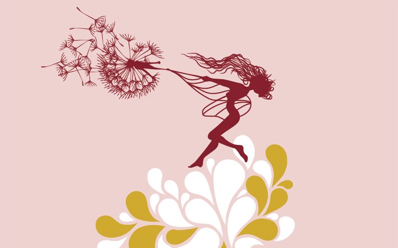 Wall painting of a fairy with dandelion seeds